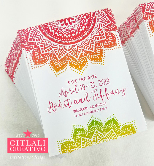Mandala Indian Wedding Save the Date Card in Hot pink, Orange, Green Ombre
