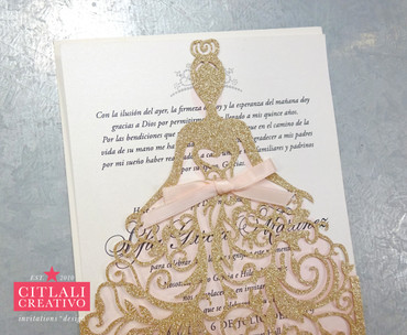 the invitation gold dress Champagne Glitter Silhouette Princess XV Invitations styleattribute-ruffles frills