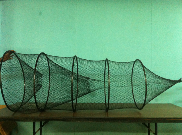 30" Hoop Net 1" mesh, 5 steel hoops, Square flew in front.  Fingered flew in tail, can be fished vertically or horizontally