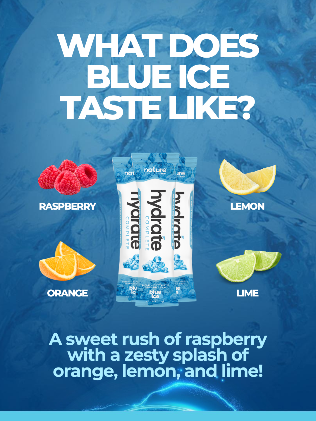 What does Blue Ice taste like — sweet raspberry with zesty orange, lemon, and lime