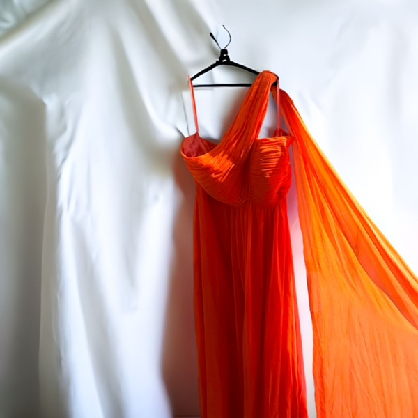 Reddish Tangerine Pleated Chiffon Gown Sz XL
