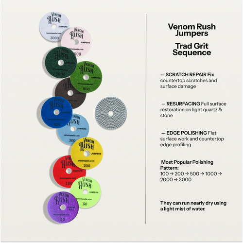 Venom Rush 4 Inch Diamond Polishing Pads – Premium Pads for Quartz, Quartzite, Granite, Natural Stone, Porcelain & DEKTON