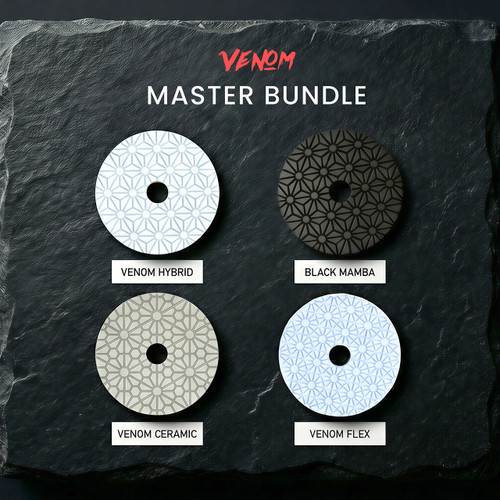 The Complete Venom 3-Step Polishing System – 4-Pad Master Bundle (Hybrid, Black Mamba, Ceramic, Flex) Free 4" Fat Boy Sponge Pads