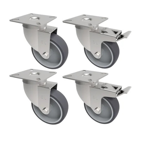 75mm Grey Rubber Plate Castor Wheels Pack (2 Swivel, 2 Braked) – 150kg Load Capacity