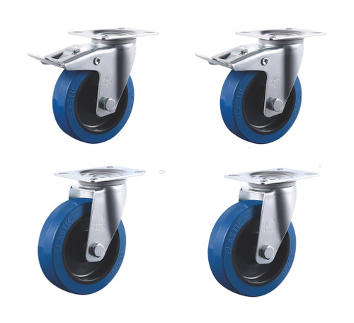 100mm Blue Elastic Swivel Castor Wheels Pack (2 Swivel, 2 Braked) - 540kg Load Capacity
