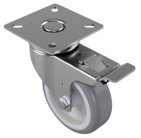 75mm Grey Rubber Plate Swivel Braked Castor Wheel - 50kg Load Capacity 