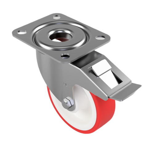 100mm Polyurethane Nylon Plate Swivel Braked Castor Wheel - 180kg Load Capacity