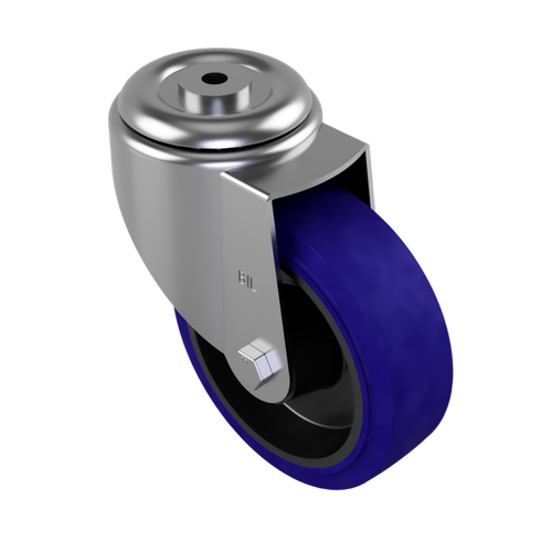 150mm Blue Elastic Rubber 75 Shore A Bolt Hole Swivel Castor Wheel - 300kg Load Capacity