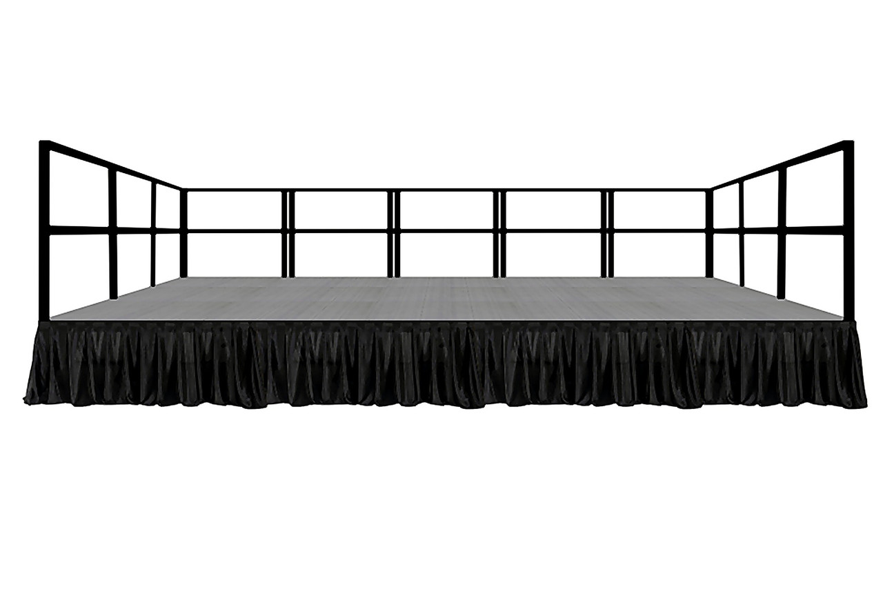 A 12 ft x 24 ft MyStage portable stage with railings and black skirting
