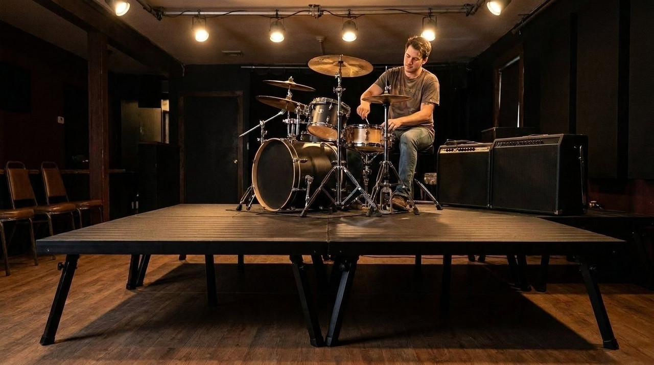 A drummer and two amplifiers on an 8 ft x 8 ft MyStage stage in a small music venue
