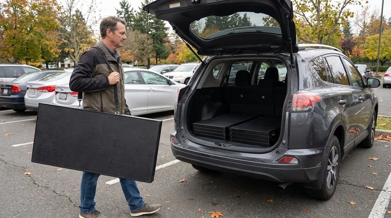 A man carries one folded MyStage deck by its strap to an SUV with two more decks in the cargo area