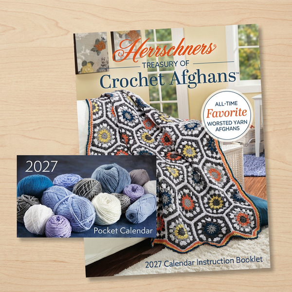 Image of the instruction booklet for the 2027 Treasury of Crochet Afghans Calendar, as well as the free 2027 Pocket Calendar