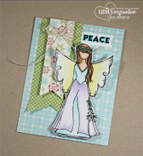 Card with the Arianna Girl red rubber set: a slender angel with wings and a flower crown beside 'Peace'.