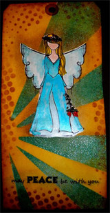 Tag card with the angel girl in blue and 'may peace be with you'.