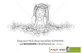 Stamp sheet for Shadows fall Behind You: a sketched girl wearing an ivy leaf crown with her chin in her hands behind a long ivy garland, and the sentiment 'Keep your FACE always toward the SUNSHINE - and SHADOWS will fall behind you.' credited to Walt Whitman.
