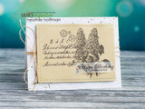 Card with the lilac collage stamped in sepia on a cream stitched panel over white woodgrain, tied with twine, sentiment banner "Happy Birthday enjoy your day."