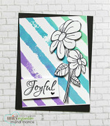 Sample card with the white daisies popped up over aqua and purple diagonal stripes and a 'Joyful' sentiment strip with a tiny heart.