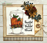 Rustic card with the coffee cup and a paper flower cluster, 'Thankful Grateful Blessed.'