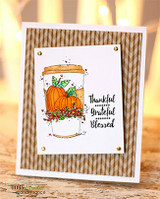 Brown striped card with a fall to-go coffee cup full of pumpkins and blooms, 'Thankful Grateful Blessed.'