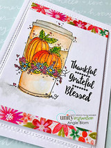 Floral card with the autumn coffee cup and pumpkin, 'Thankful Grateful Blessed.'
