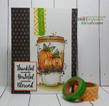 Two cards with the pumpkin-filled coffee cup, 'Thankful Grateful Blessed.'
