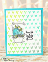 Aqua heart-print card with the fall coffee cup, 'Thankful Grateful Blessed.'