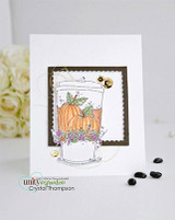 Clean card with the pumpkin coffee cup in a square frame, 'Thankful Grateful Blessed.'
