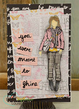 Collage card with the stamped girl on a pink script panel and 'you were meant to shine.'