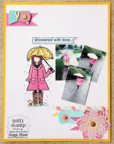 Sample page with Lizzie in a pink raincoat under a yellow umbrella, family photos in the rain, and 'showered with love'.