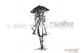 The Harmony Girl red rubber stamp — a girl under an umbrella with 'don't wait for the storm to pass, learn to dance in the rain.'