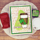 Card with the shamrock coffee cup over a coffee-word background, 'Good Luck'