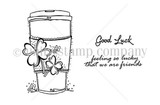 Red rubber clover-topped travel coffee cup, with 'Good luck' and 'feeling so lucky that we are friends'