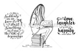Red rubber stamp set of a girl sitting on a stack of books with 'suddenly you just know it's time to start something new, trust the magic of beginnings.'