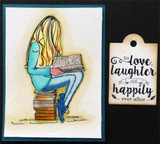Watercolor card of the girl reading on the books with 'to love, laughter and happily ever after' on a tag.
