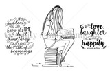Red rubber stamp set of a girl sitting on a stack of books with 'suddenly you just know it's time to start something new, trust the magic of beginnings.'