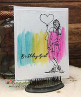 Handmade card featuring the fashionable AngieGirl holding a heart balloon, with a bright watercolor wash, stamped with 'You & me'.