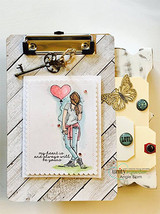 Handmade card featuring the fashionable AngieGirl holding a heart balloon, with a die-cut heart accent, stamped with 'My heart is and always will be yours'.