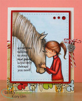 Card of a red-haired girl in a red top gently touching a gray horse's face, 'sometimes talking to your best friend is the best therapy you need'.