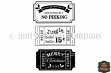 Uncolored red rubber Christmas tickets: 'No peeking until December 25th,' 'Jingle bells 15¢,' 'Merry Christmas Joy.'