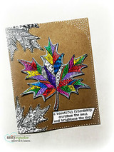Rainbow-colored patterned maple leaf on a kraft card with 'a beautiful friendship enriches the soul and brightens the day.'