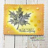 Patterned maple leaf outlined on a golden background with 'Let our lives be full of Thanks and Giving.'