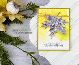 Purple patterned maple leaf on a soft card with 'Let our lives be full of Thanks and Giving.'