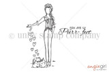 Line-art stamp of a stylish braided woman gesturing toward a cascade of little hearts with a cat at her feet, and the sentiment "You are so purr-fect."