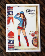 Card on distressed flag paper with a saluting girl in a blue cap and striped top, topped by a banner reading 'we SALUTE you'.