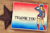 Red to blue blended card with the saluting girl at one side and bold letters reading THANK YOU with a script line beneath.