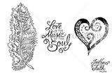 Stamp sheet for Give Me Strength: a tall feather filled with hand lettered words of faith and strength, a swirled distressed heart, and the sentiment 'Love is the music of the soul'.