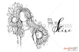 Black-and-white stamp of a long-haired girl with sunflowers in her hair beside 'It's time to shine.'