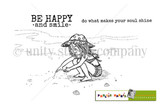 Shiny Little Soul red rubber stamp set from Unity Stamp Co, sketched black line art of a girl in a floppy sun hat and swimsuit crouched at the water's edge sifting sand, with shells and gentle waves around her, beside the sentiments 'be happy and smile' and 'do what makes your soul shine'.