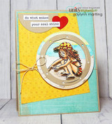 Card with the beach girl inside a circle window on a yellow polka dot panel over teal, with 'do what makes your soul shine' on labels and a red heart, tied with yellow twine.