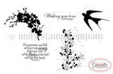 Blossoms & Blessings stamp sheet: a solid cherry blossom branch, a swallow silhouette, a speckled flowering sprig, 'Wishing you tons of blessings.' and the verse 'The mountains and hills will burst into song before you, and all the trees of the field will clap their hands. Isaiah 55:12'.